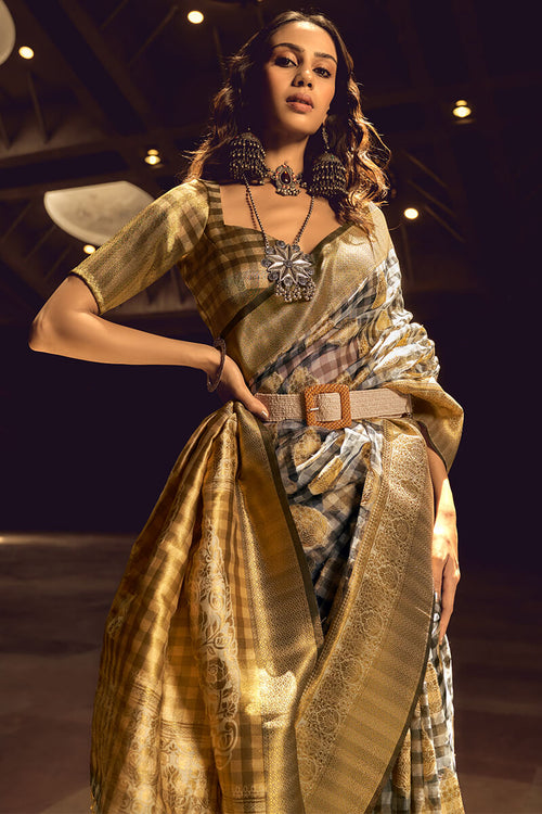 Load image into Gallery viewer, Mesmerising Grey and Yellow Soft Banarasi Silk Saree With Extraordinary Blouse
