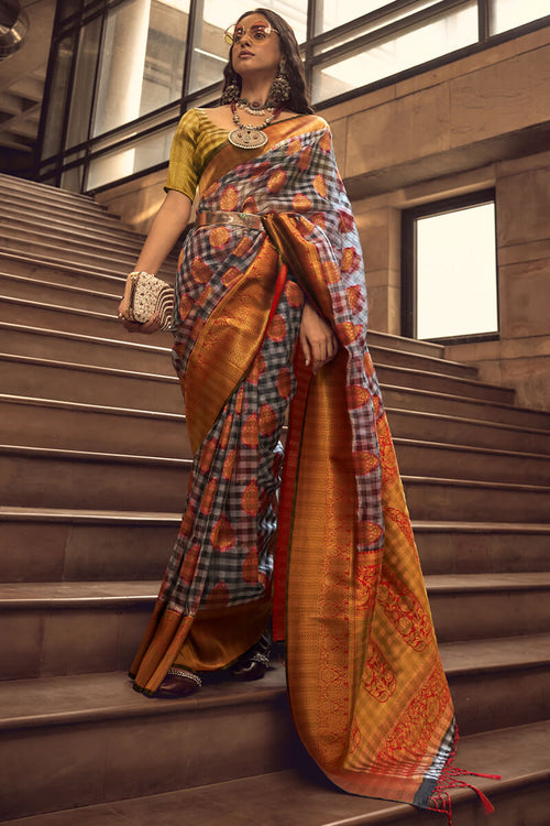 Load image into Gallery viewer, Flattering Grey and Red Soft Banarasi Silk Saree With Mesmerising Blouse
