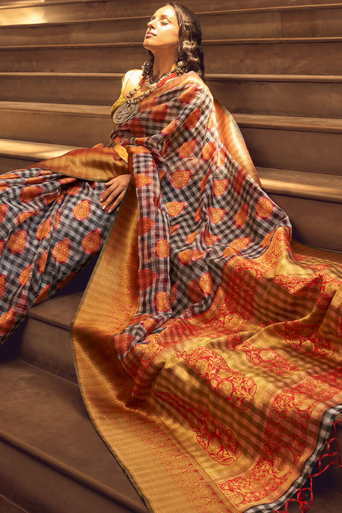 Load image into Gallery viewer, Flattering Grey and Red Soft Banarasi Silk Saree With Mesmerising Blouse
