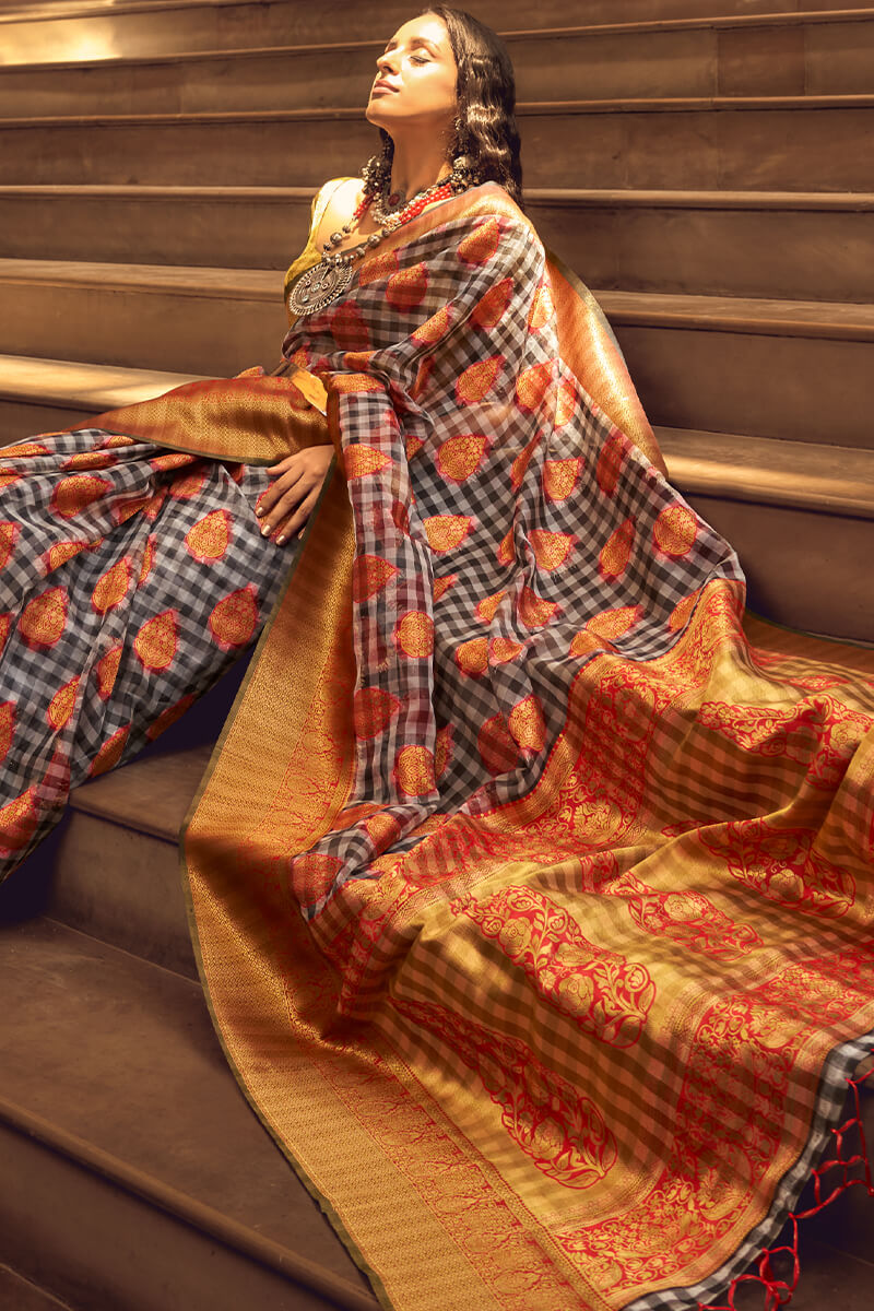 Flattering Grey and Red Soft Banarasi Silk Saree With Mesmerising Blouse