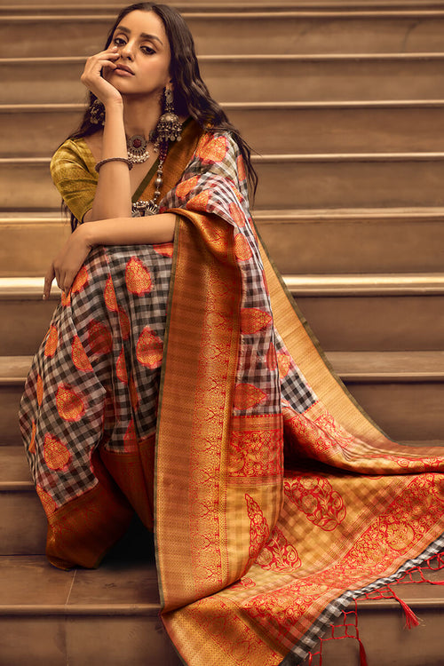 Load image into Gallery viewer, Flattering Grey and Red Soft Banarasi Silk Saree With Mesmerising Blouse
