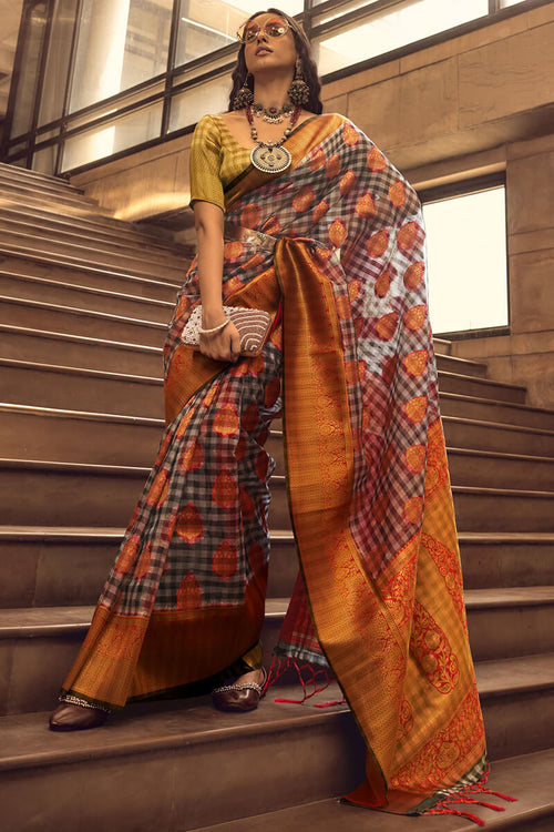 Load image into Gallery viewer, Flattering Grey and Red Soft Banarasi Silk Saree With Mesmerising Blouse
