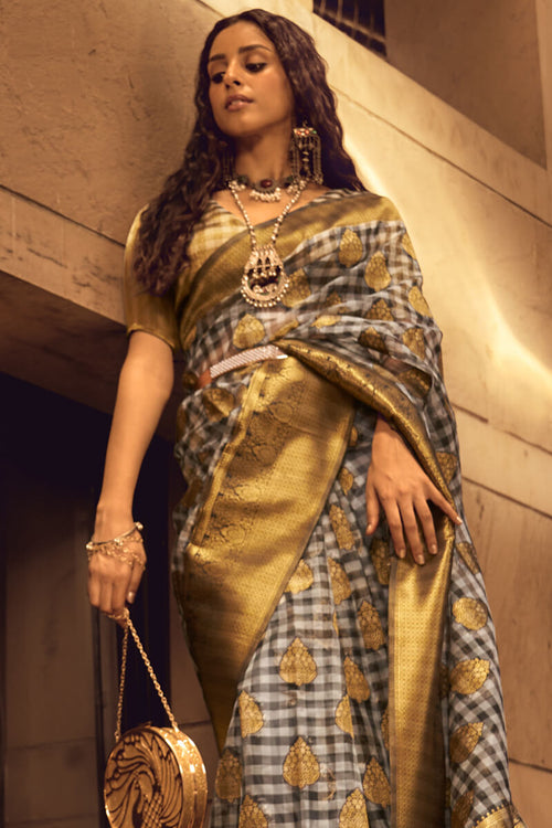 Load image into Gallery viewer, Outstanding Grey and Black Soft Banarasi Silk Saree With Impressive Blouse
