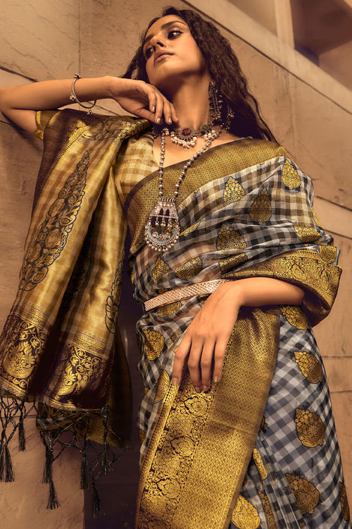 Load image into Gallery viewer, Outstanding Grey and Black Soft Banarasi Silk Saree With Impressive Blouse
