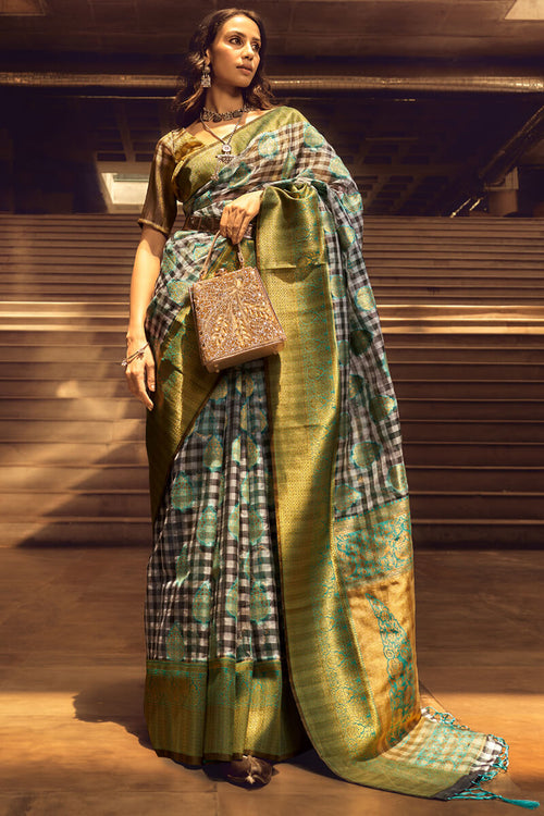 Load image into Gallery viewer, Appealing Grey and Green Soft Banarasi Silk Saree With Radiant Blouse
