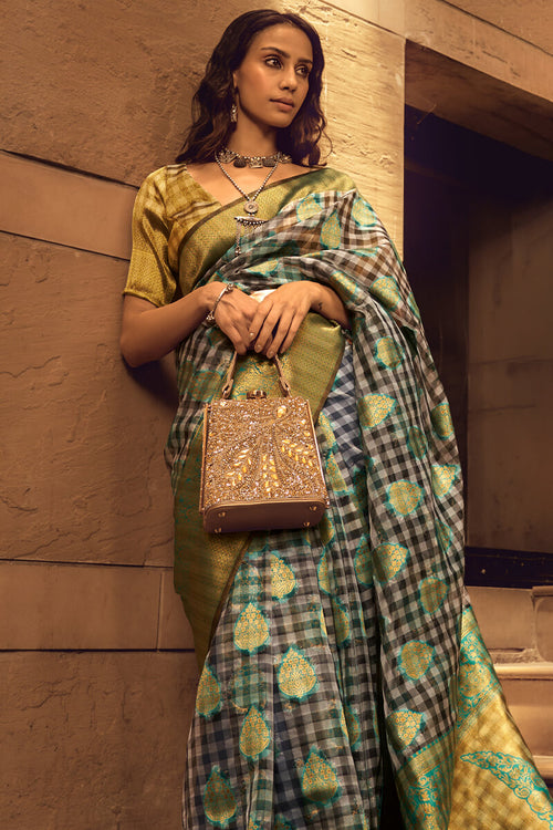 Load image into Gallery viewer, Appealing Grey and Green Soft Banarasi Silk Saree With Radiant Blouse
