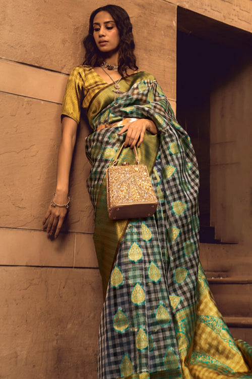 Load image into Gallery viewer, Appealing Grey and Green Soft Banarasi Silk Saree With Radiant Blouse
