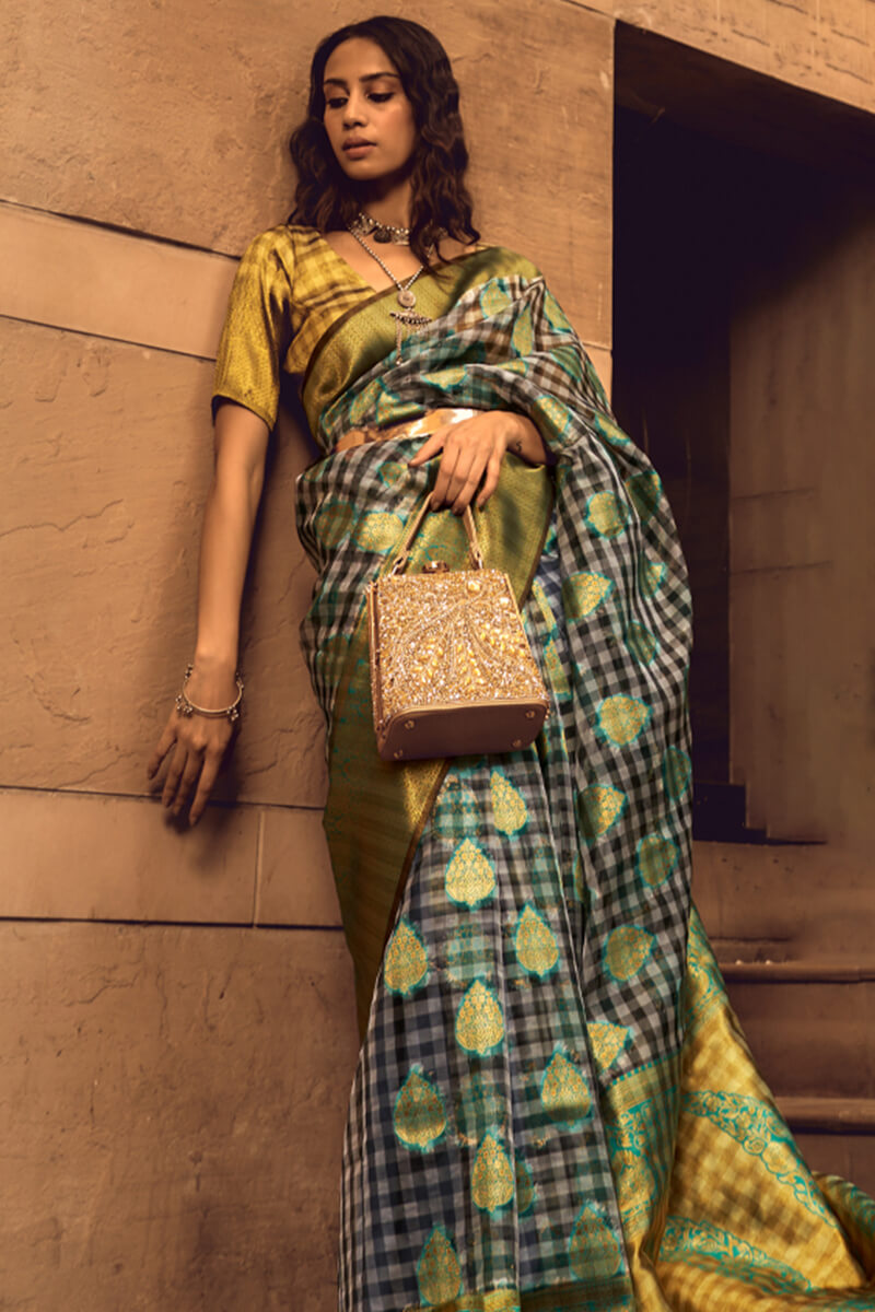 Appealing Grey and Green Soft Banarasi Silk Saree With Radiant Blouse