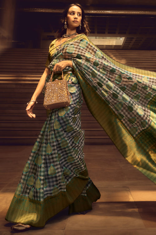 Load image into Gallery viewer, Appealing Grey and Green Soft Banarasi Silk Saree With Radiant Blouse
