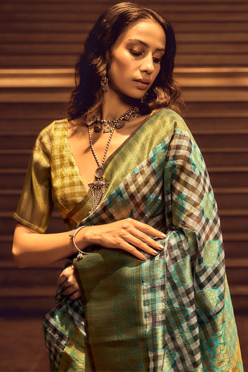 Load image into Gallery viewer, Appealing Grey and Green Soft Banarasi Silk Saree With Radiant Blouse
