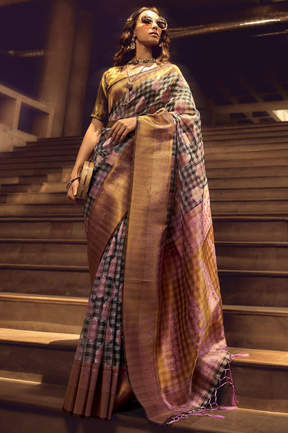 Prominent Grey and Lavender Soft Banarasi Silk Saree With Entrancing Blouse