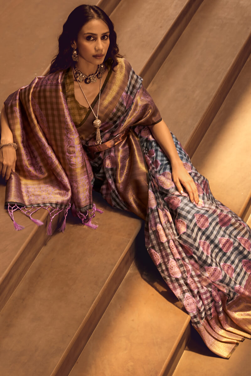 Prominent Grey and Lavender Soft Banarasi Silk Saree With Entrancing Blouse