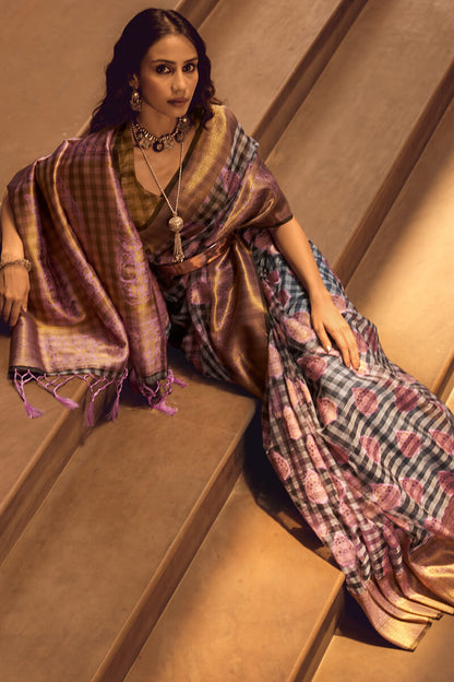 Prominent Grey and Lavender Soft Banarasi Silk Saree With Entrancing Blouse