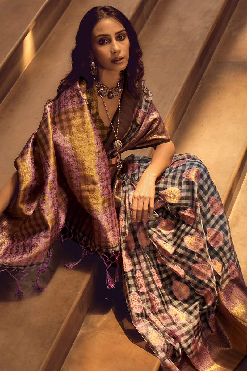 Prominent Grey and Lavender Soft Banarasi Silk Saree With Entrancing Blouse