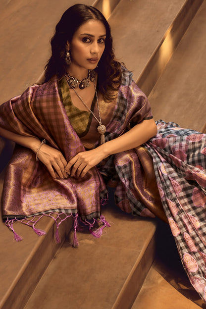 Prominent Grey and Lavender Soft Banarasi Silk Saree With Entrancing Blouse