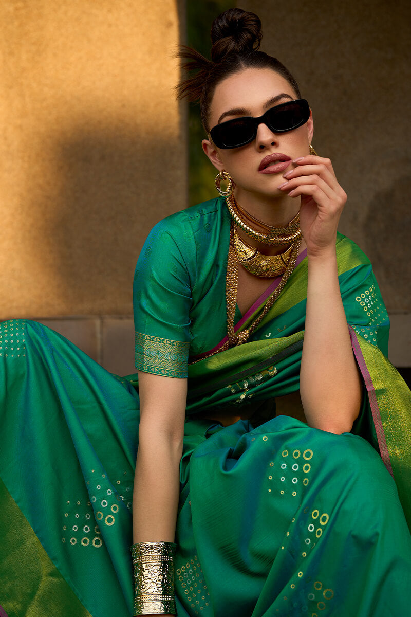 Opulent Green Soft Banarasi Silk Saree With Rhapsody Blouse