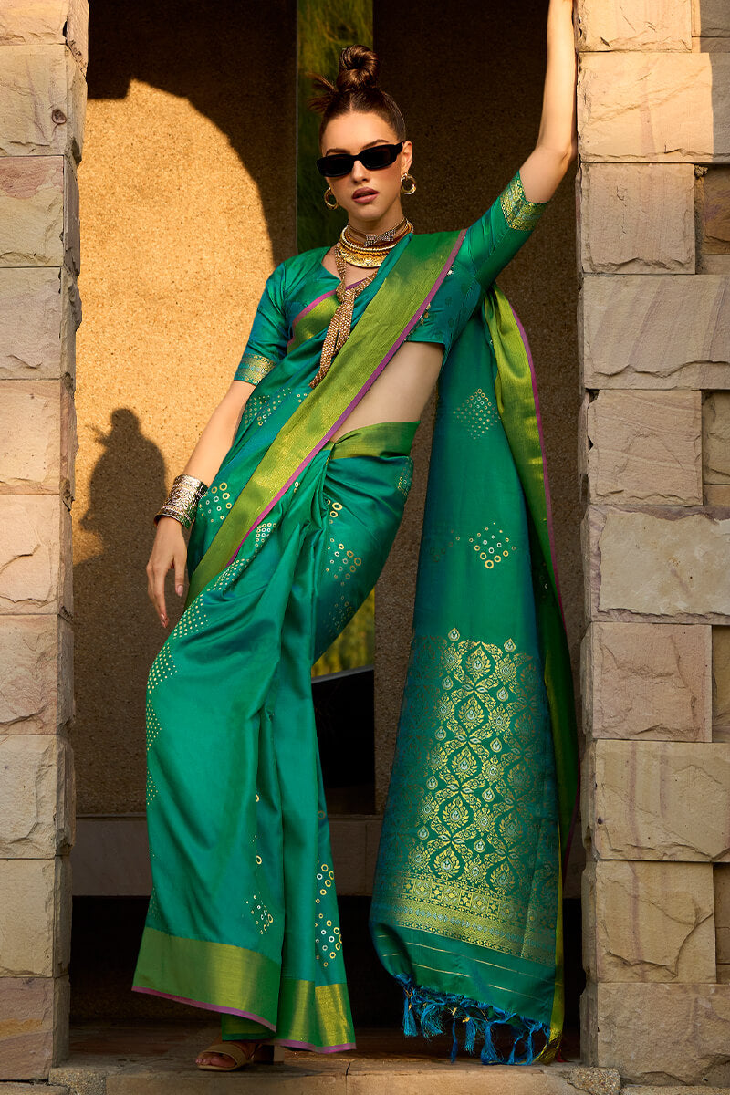 Opulent Green Soft Banarasi Silk Saree With Rhapsody Blouse