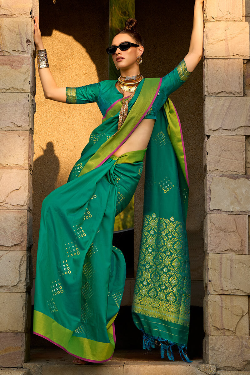 Opulent Green Soft Banarasi Silk Saree With Rhapsody Blouse