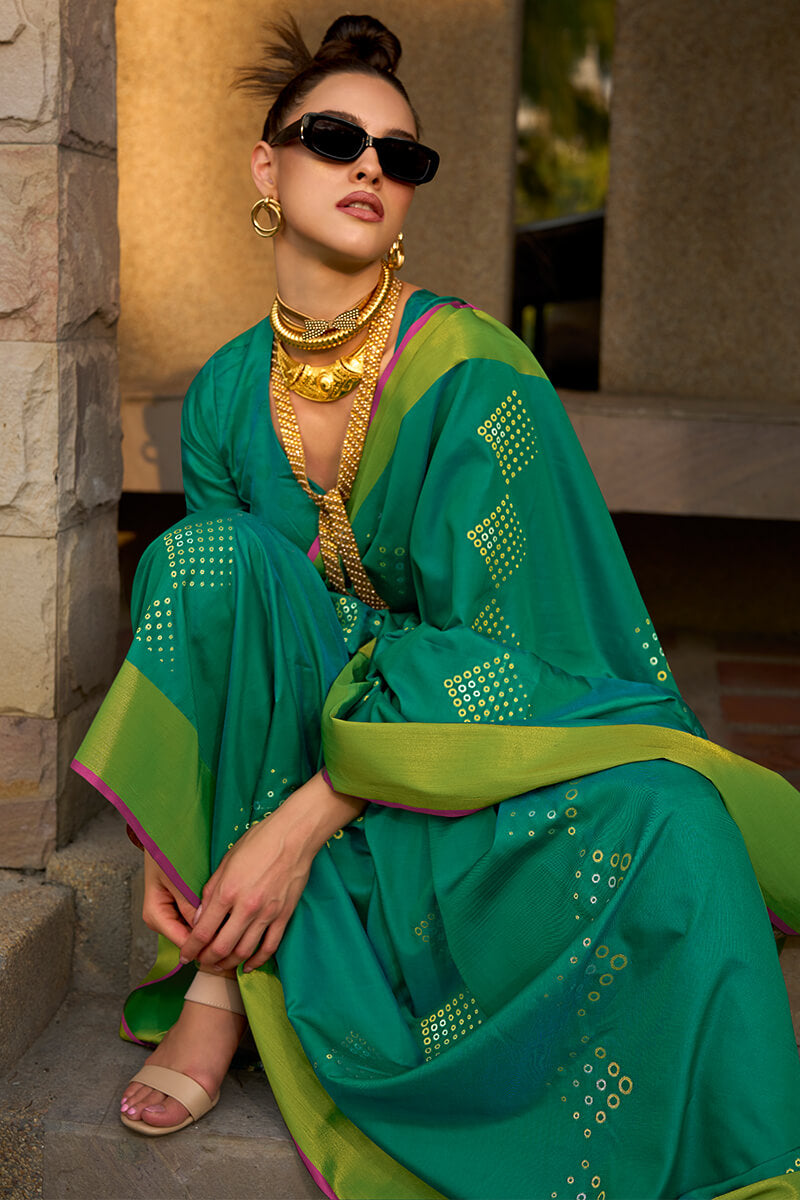 Opulent Green Soft Banarasi Silk Saree With Rhapsody Blouse