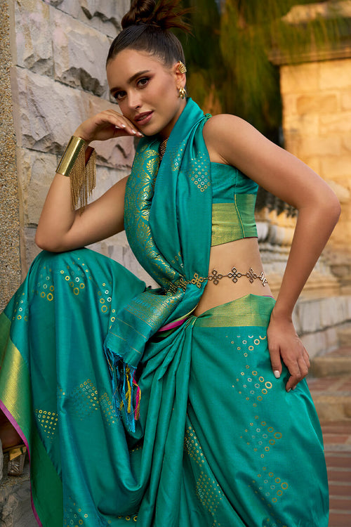 Load image into Gallery viewer, Quixotic Rama Soft Banarasi Silk Saree With Jubilant Blouse
