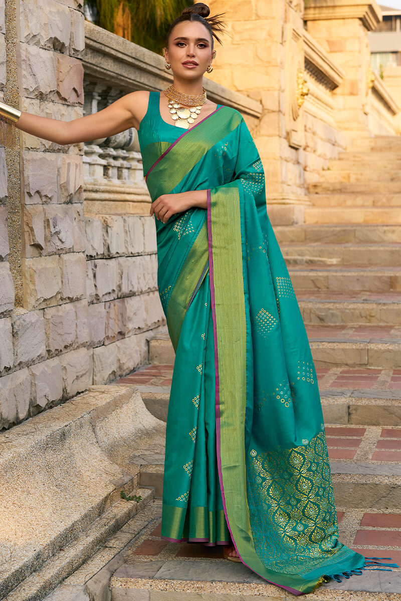 Quixotic Rama Soft Banarasi Silk Saree With Jubilant Blouse