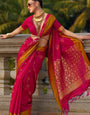 Elaborate Dark Pink Soft Banarasi Silk Saree With Ornate Blouse