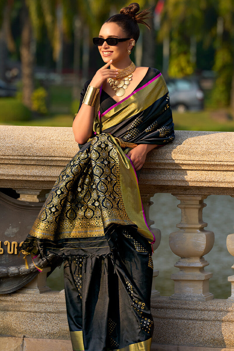 Resonant Black Soft Banarasi Silk Saree With Ineffable Blouse