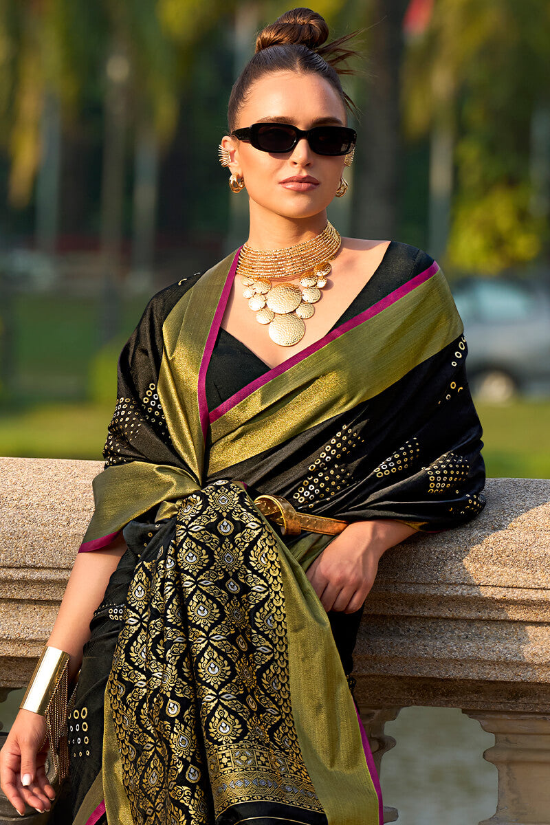 Resonant Black Soft Banarasi Silk Saree With Ineffable Blouse