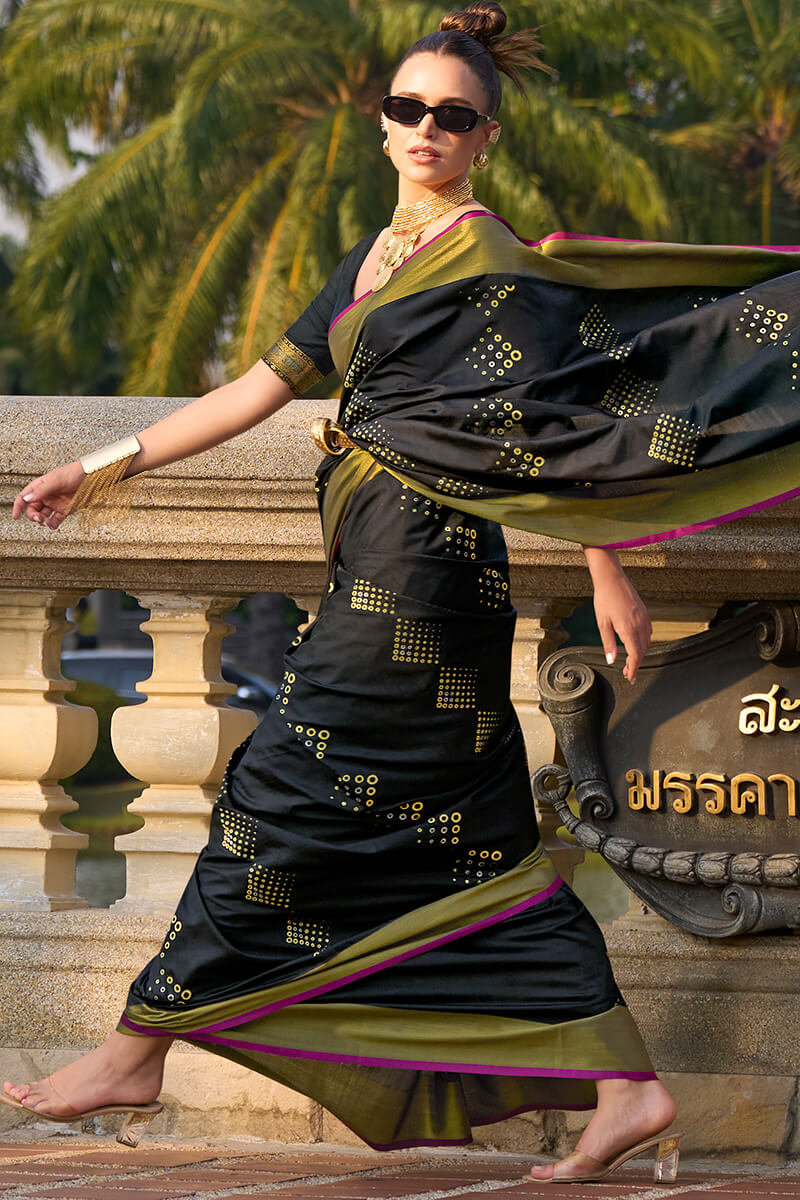 Resonant Black Soft Banarasi Silk Saree With Ineffable Blouse