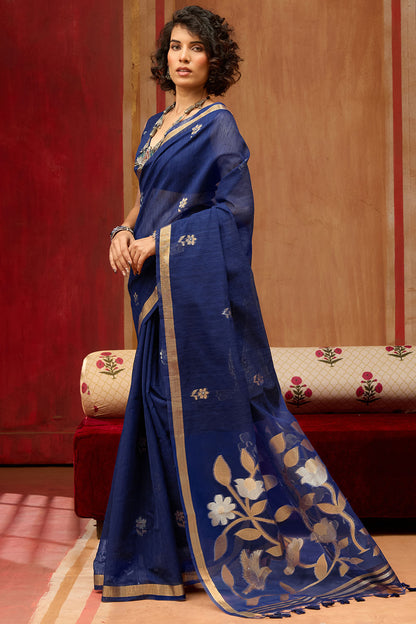 Desuetude Navy Blue Pure Munga Cotton Silk Saree With Supernal Blouse Piece