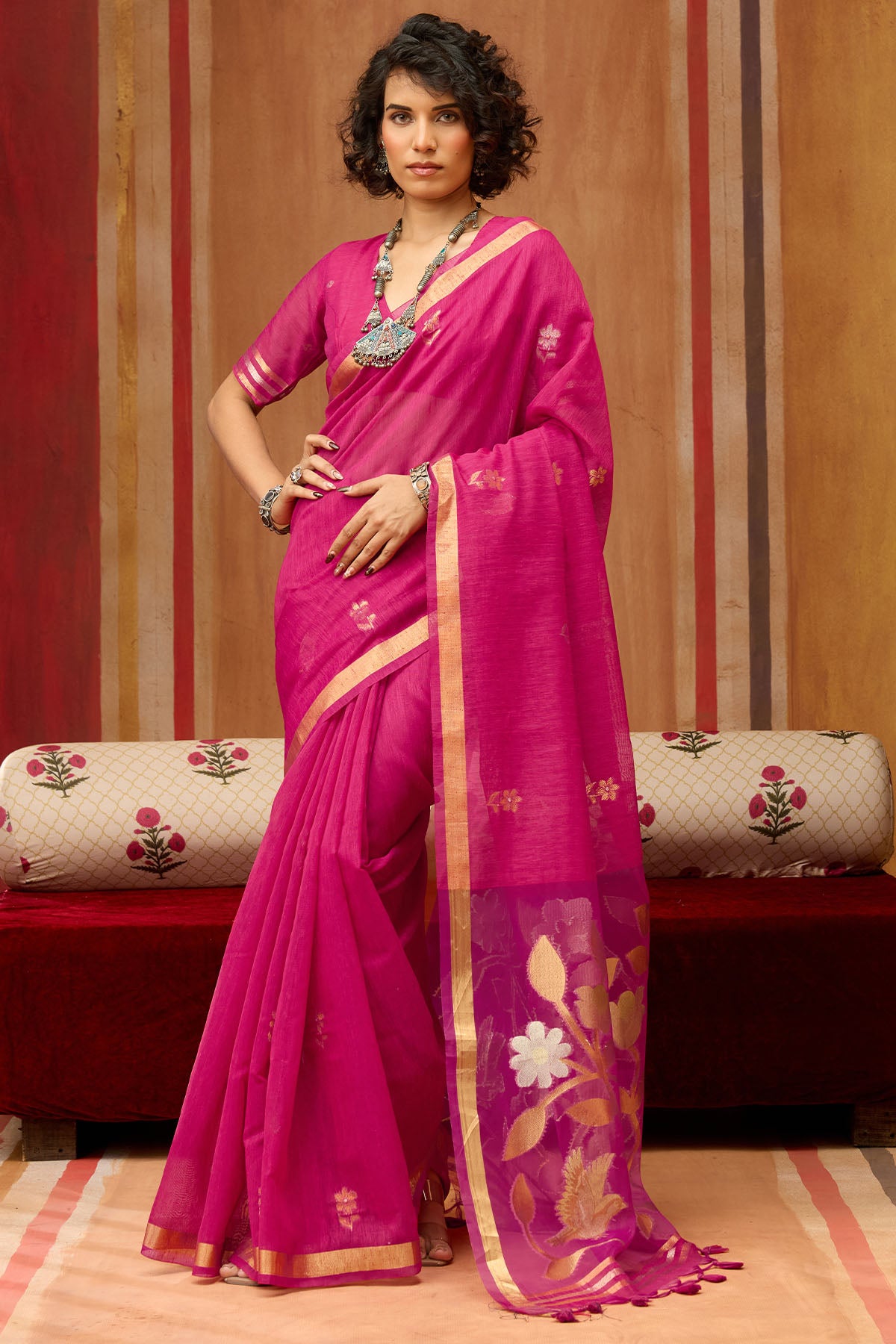 Evocative Dark Pink Pure Munga Cotton Silk Saree With Precious Blouse Piece