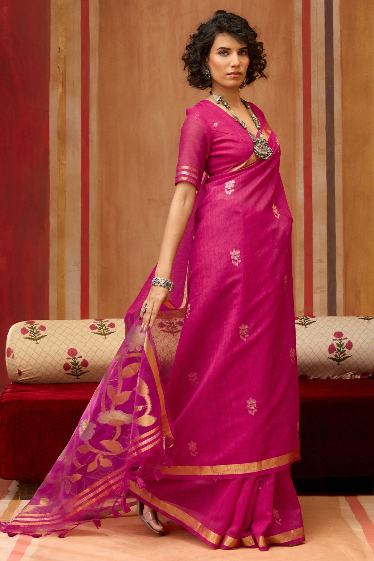 Evocative Dark Pink Pure Munga Cotton Silk Saree With Precious Blouse Piece