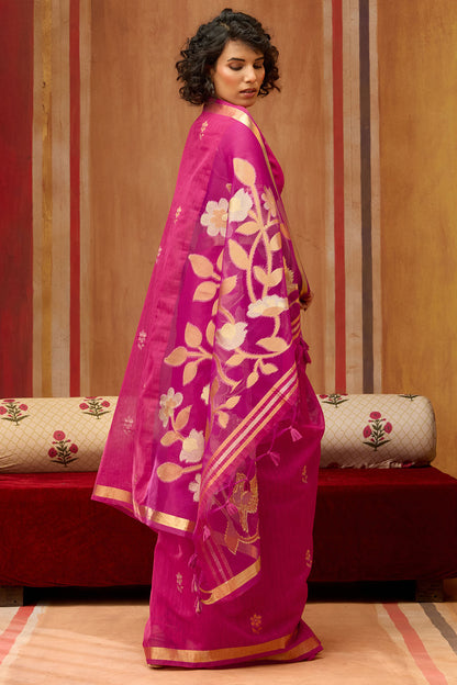 Evocative Dark Pink Pure Munga Cotton Silk Saree With Precious Blouse Piece