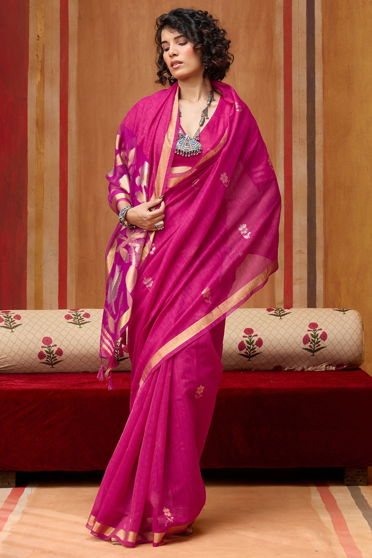 Evocative Dark Pink Pure Munga Cotton Silk Saree With Precious Blouse Piece