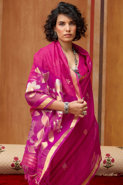 Evocative Dark Pink Pure Munga Cotton Silk Saree With Precious Blouse Piece