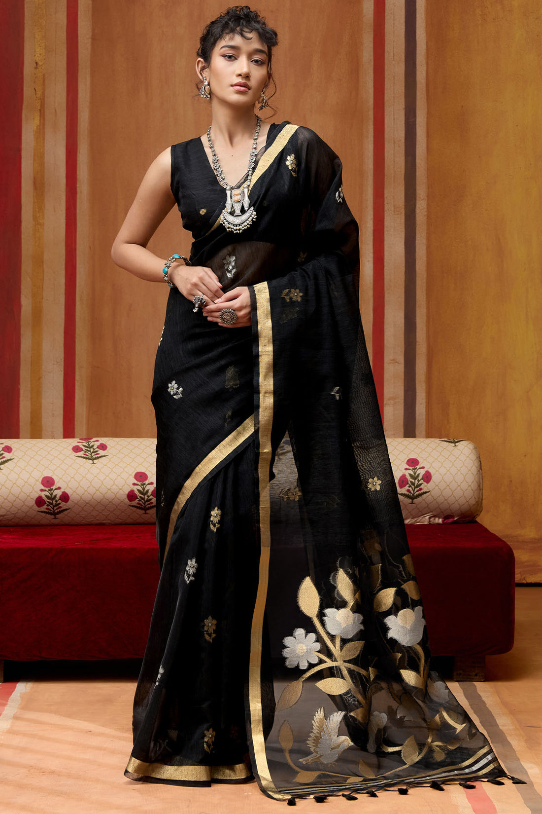 Unequalled Black Pure Munga Cotton Silk Saree With Elaborate Blouse Piece