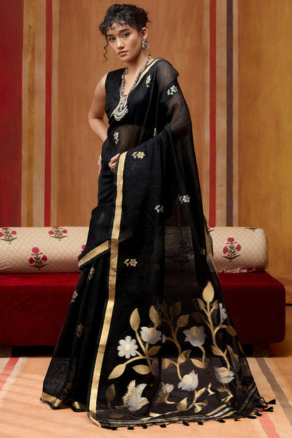 Unequalled Black Pure Munga Cotton Silk Saree With Elaborate Blouse Piece