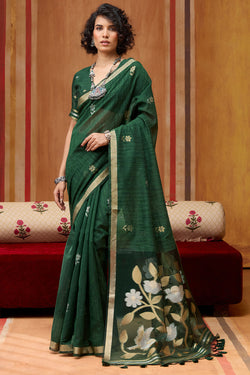 Inimitable Dark Green Pure Munga Cotton Silk Saree With Effulgent Blouse Piece