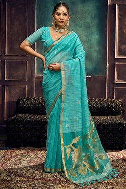 Mesmeric Turquoise Pure Munga Cotton Silk Saree With Exquisite Blouse Piece