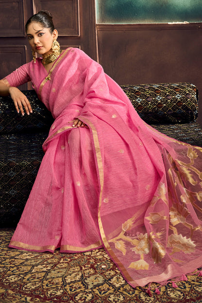 Desiring Pink Pure Munga Cotton Silk Saree With Sonorous Blouse Piece