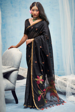 Lagniappe Black Pure Munga Cotton Silk Saree With Panache Blouse Piece
