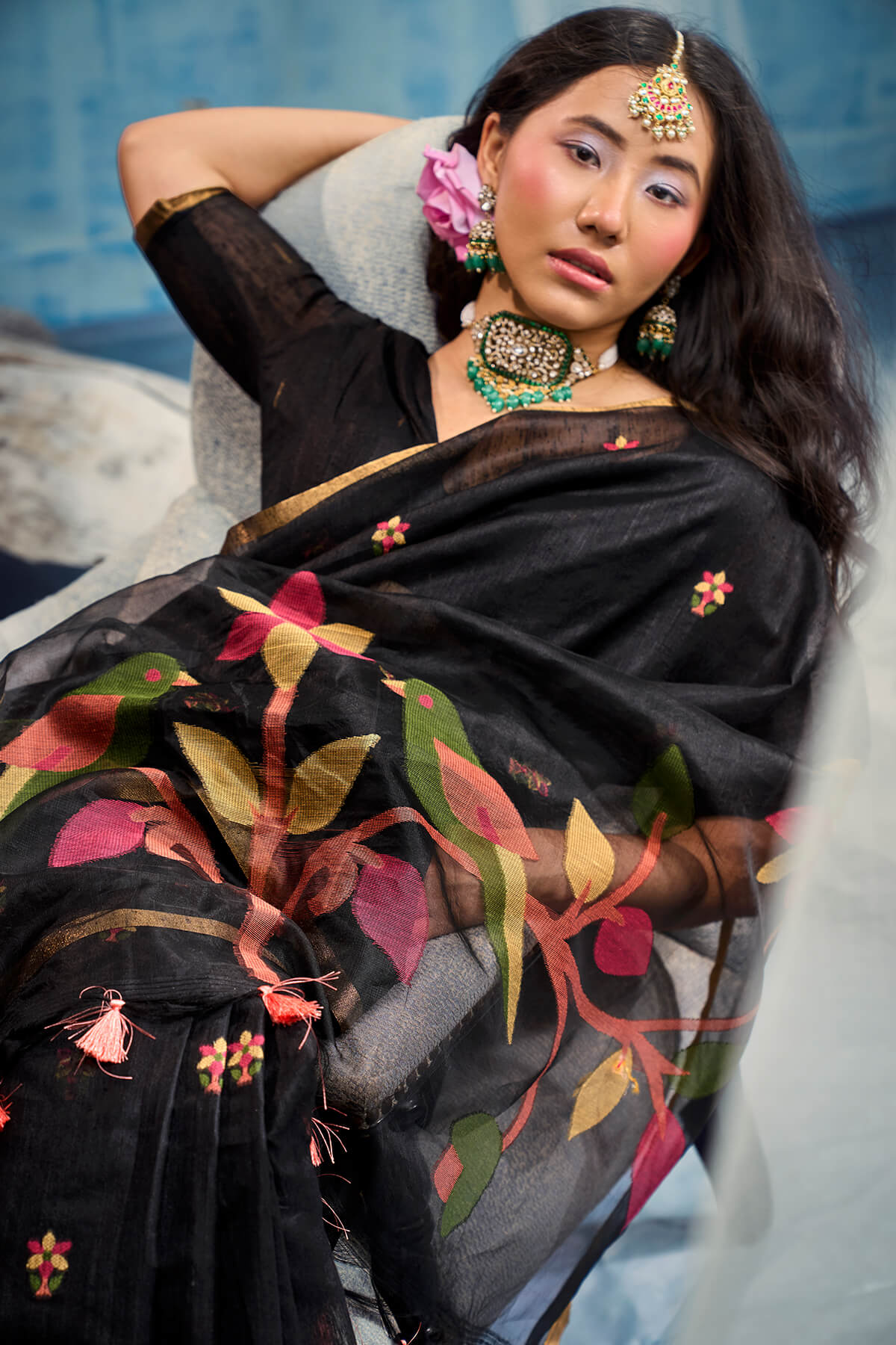 Lagniappe Black Pure Munga Cotton Silk Saree With Panache Blouse Piece