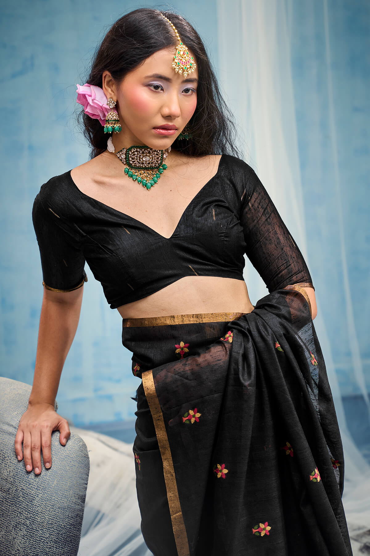 Lagniappe Black Pure Munga Cotton Silk Saree With Panache Blouse Piece