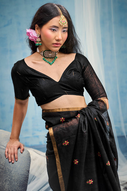 Lagniappe Black Pure Munga Cotton Silk Saree With Panache Blouse Piece