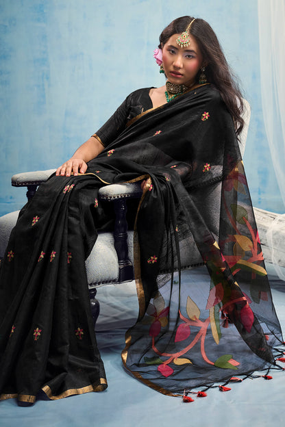Lagniappe Black Pure Munga Cotton Silk Saree With Panache Blouse Piece