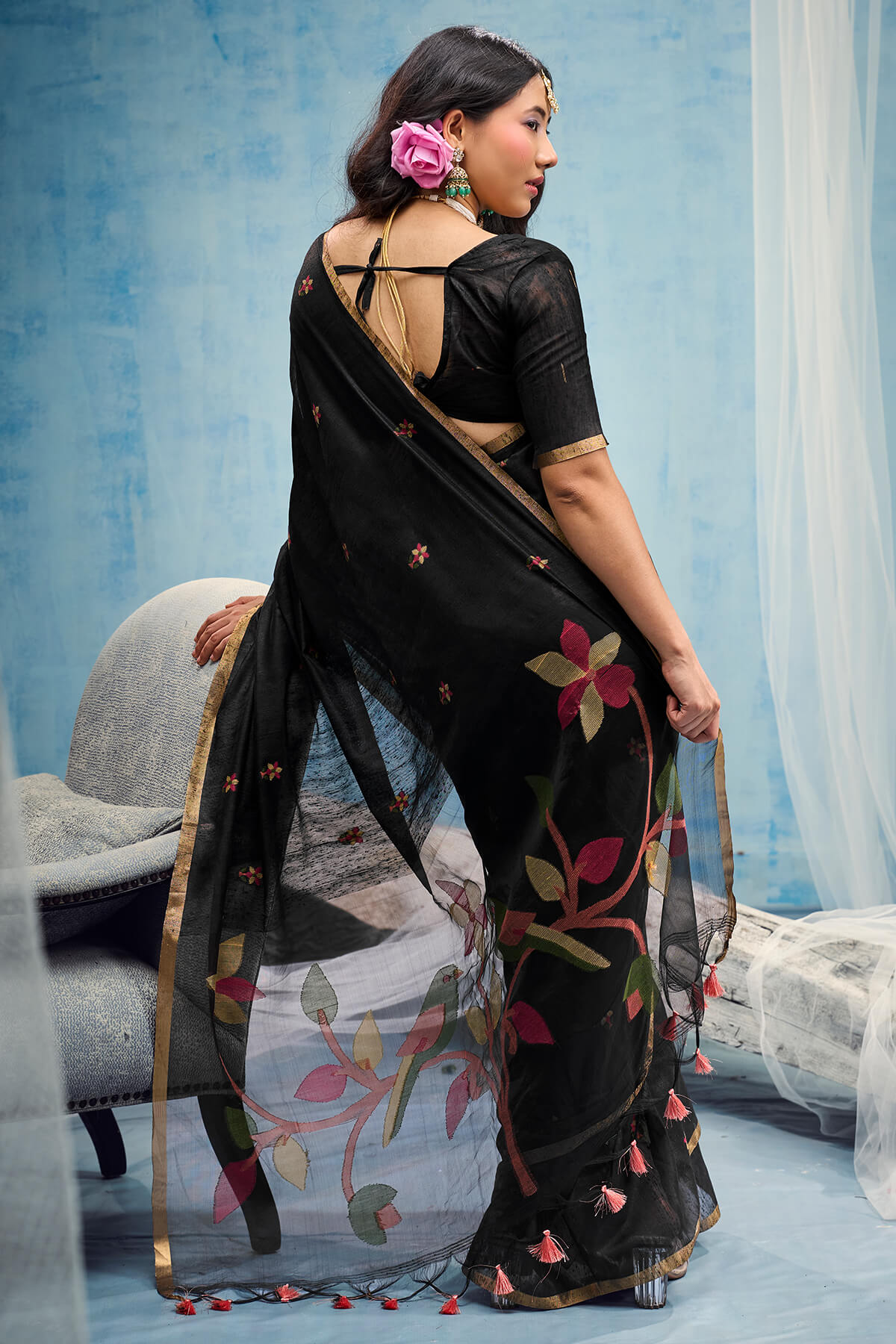 Lagniappe Black Pure Munga Cotton Silk Saree With Panache Blouse Piece