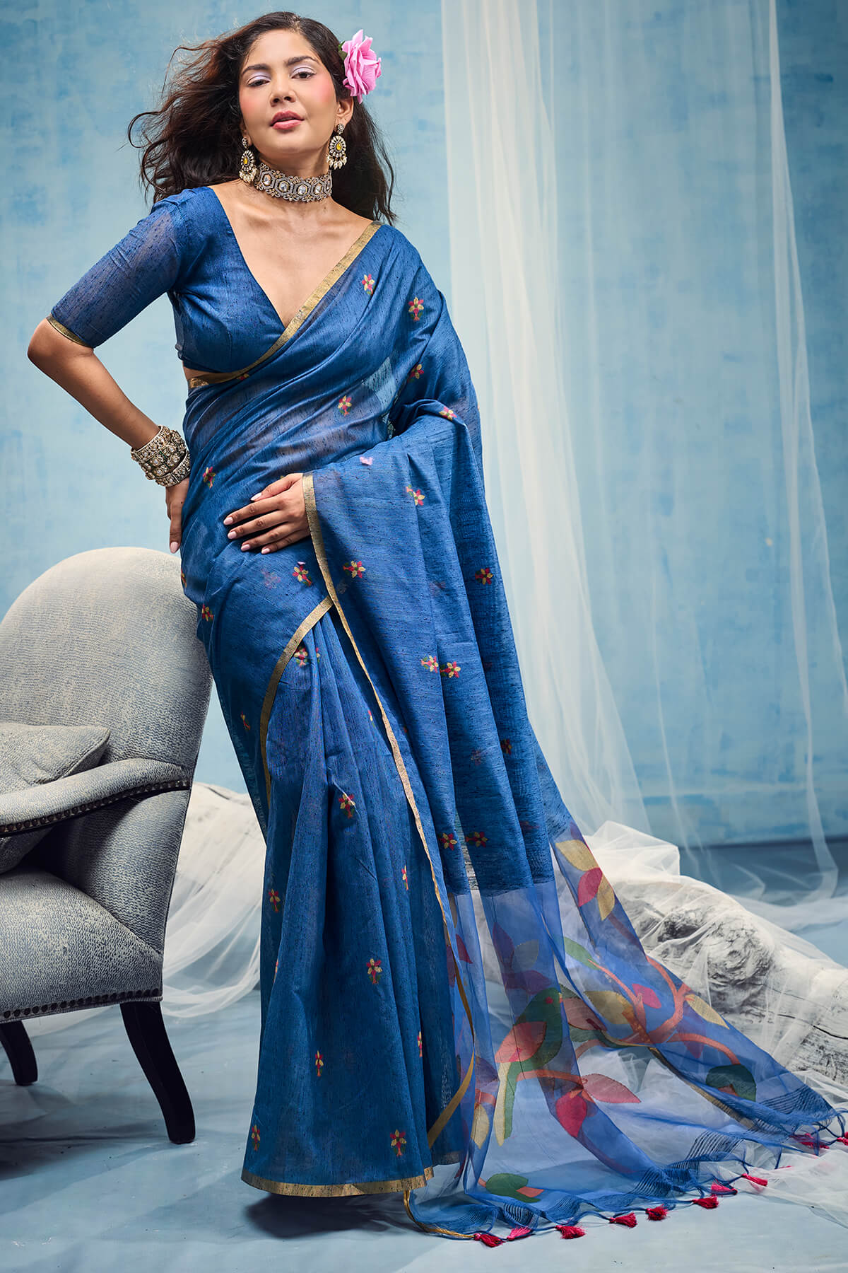 Incomparable Navy Blue Pure Munga Cotton Silk Saree With Super classy Blouse Piece