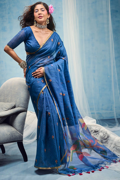 Incomparable Navy Blue Pure Munga Cotton Silk Saree With Super classy Blouse Piece