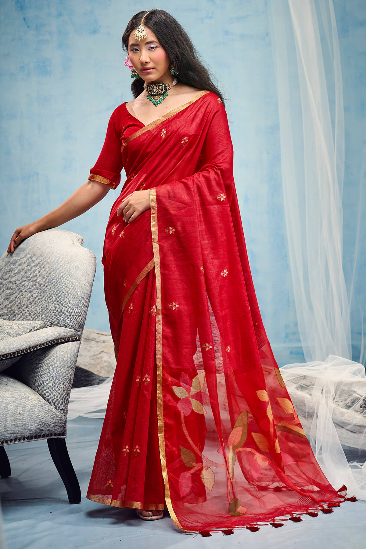 Ratatouille Red Pure Munga Cotton Silk Saree With Fantabulous Blouse Piece