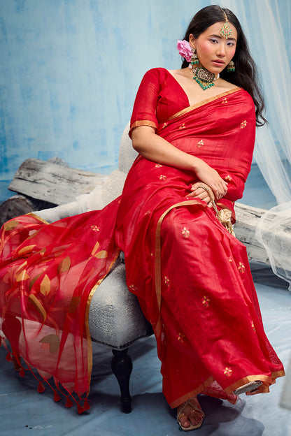 Ratatouille Red Pure Munga Cotton Silk Saree With Fantabulous Blouse Piece